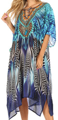 Sakkas Jenni Women's Mid Length Boho Caftan Kaftan Dress Cover up Flowy Rhinestone#color_ZB55-Blue