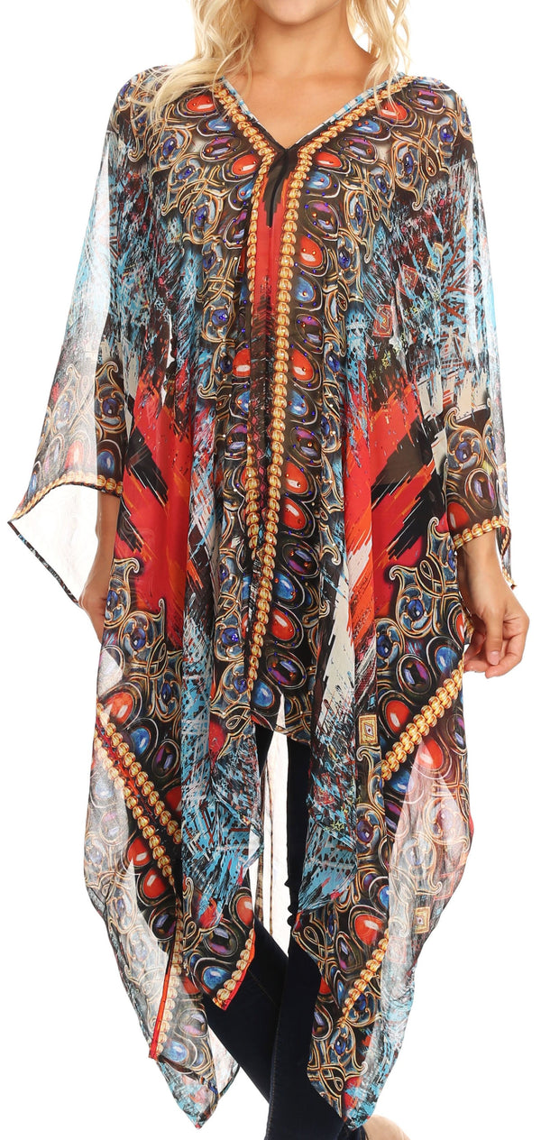 Sakkas Livi  Women's V Neck Beach Dress Cover up Caftan Top Loose with Rhinestone#color_AM107-Multi