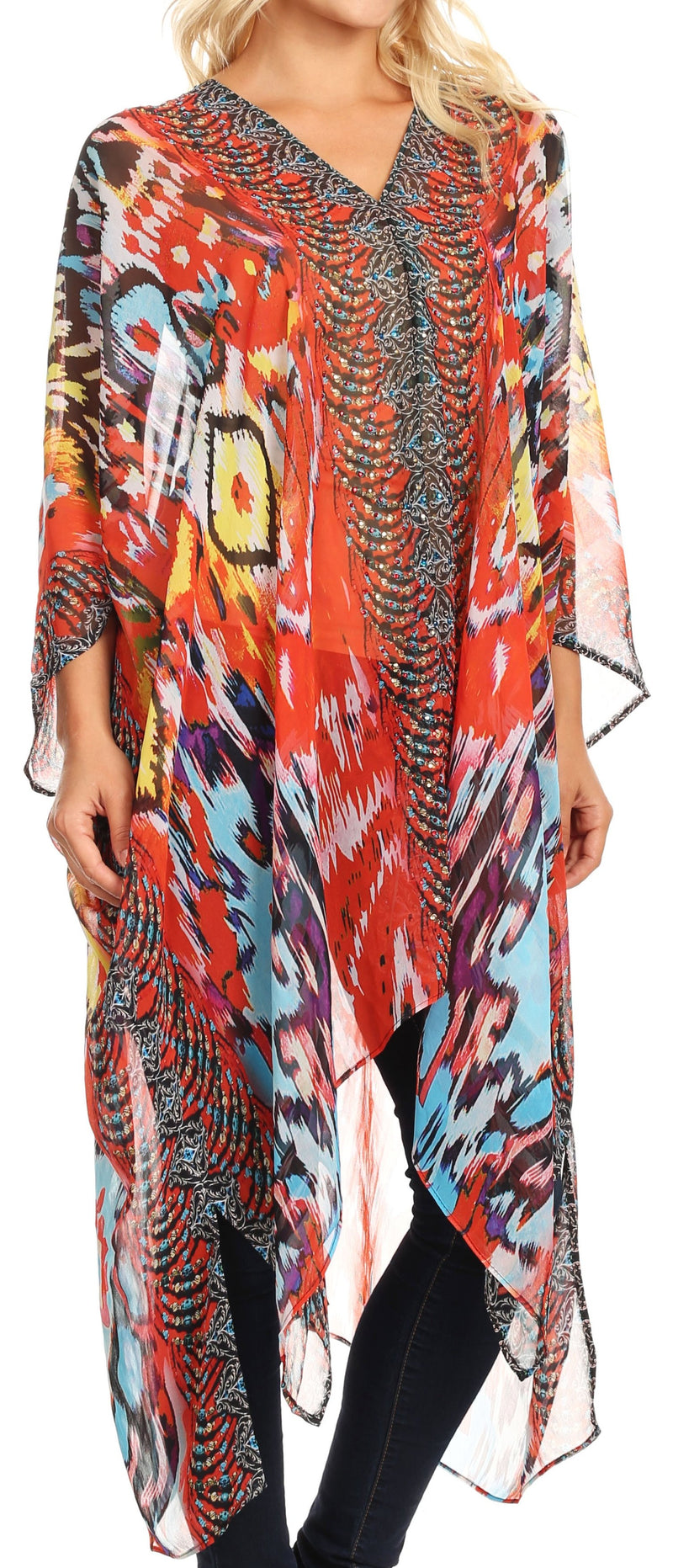 Sakkas Livi  Women's V Neck Beach Dress Cover up Caftan Top Loose with Rhinestone