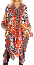 Sakkas Alvita Women's V Neck Beach Dress Top Caftan Cover up with Rhinestones#color_IR2-Red