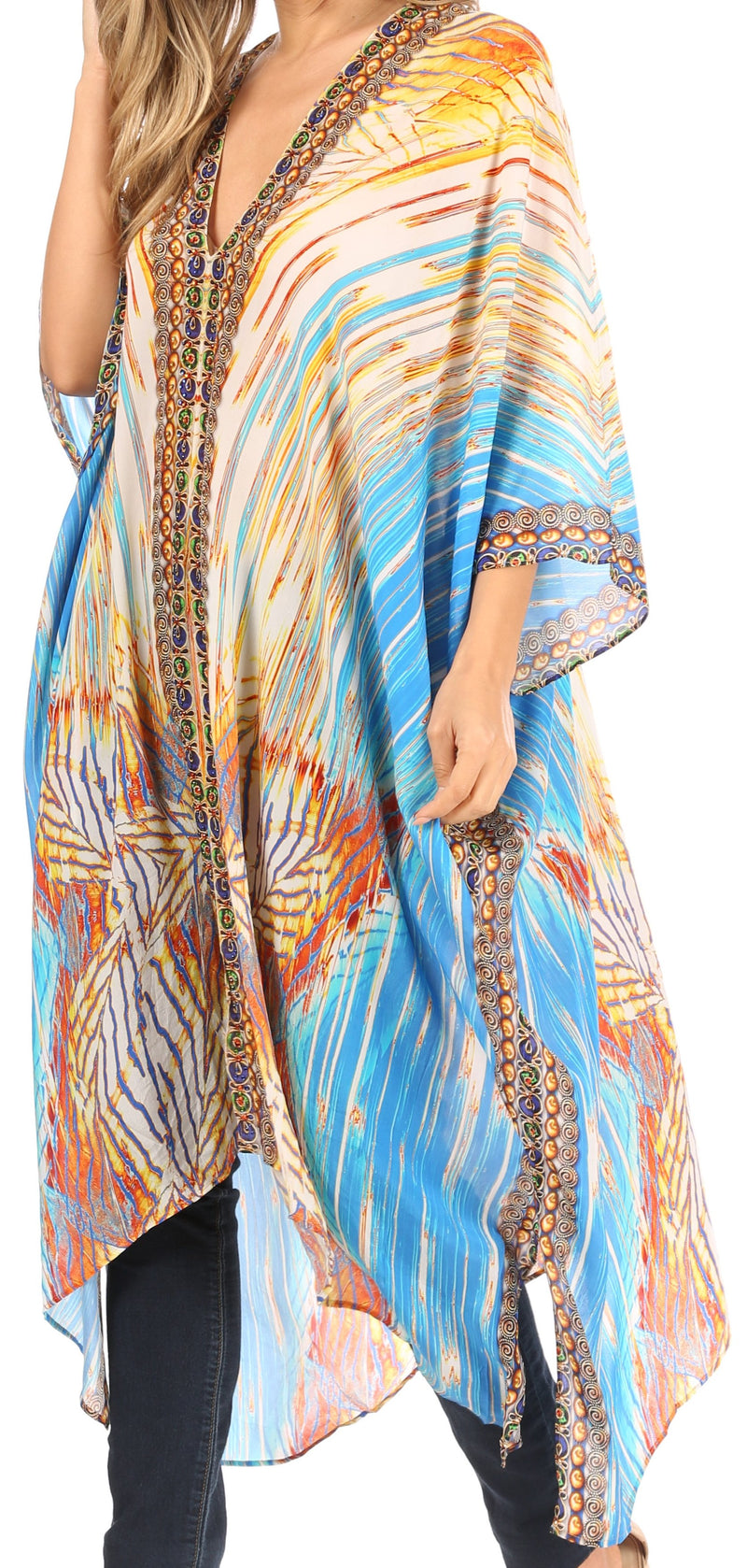 Sakkas Alvita Women's V Neck Beach Dress Top Caftan Cover up with Rhinestones