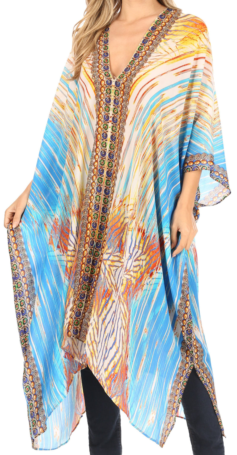 Sakkas Alvita Women's V Neck Beach Dress Top Caftan Cover up with Rhinestones