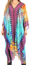 Sakkas Alvita Women's V Neck Beach Dress Top Caftan Cover up with Rhinestones#color_ONT85-Turquoise