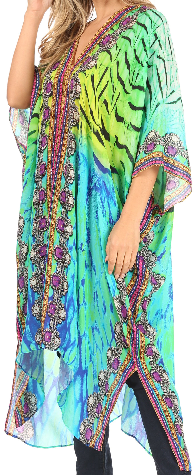 Sakkas Alvita Women's V Neck Beach Dress Top Caftan Cover up with Rhinestones