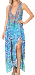 Sakkas Lucia Women's Casual Sleeveless V-neck Maxi Beach Party Boho Long Dress #color_ORTU297-Turquoise