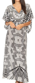 Sakkas Delma Women's Long Maxi Column V-neck Short Sleeve Slim Dress with Print#color_GW290-White 