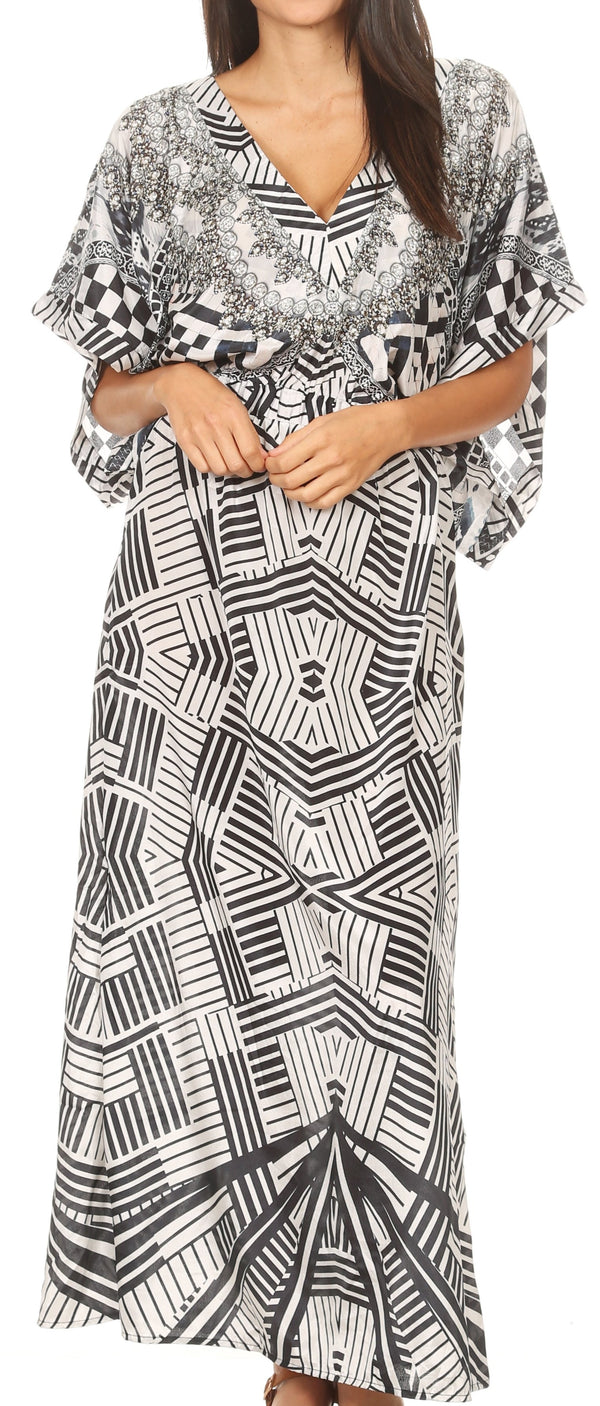 Sakkas Delma Women's Long Maxi Column V-neck Short Sleeve Slim Dress with Print#color_GW290-White