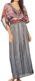 Sakkas Delma Women's Long Maxi Column V-neck Short Sleeve Slim Dress with Print#color_TRBK252-Black 