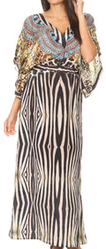 Sakkas Delma Women's Long Maxi Column V-neck Short Sleeve Slim Dress with Print#color_ZBK289-Black