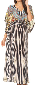 Sakkas Delma Women's Long Maxi Column V-neck Short Sleeve Slim Dress with Print#color_ZBK289-Black 