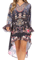 Sakkas Rema Women's Boho Shift Tunic High Low  V-neck Long Sleeve Dress with Print#color_474