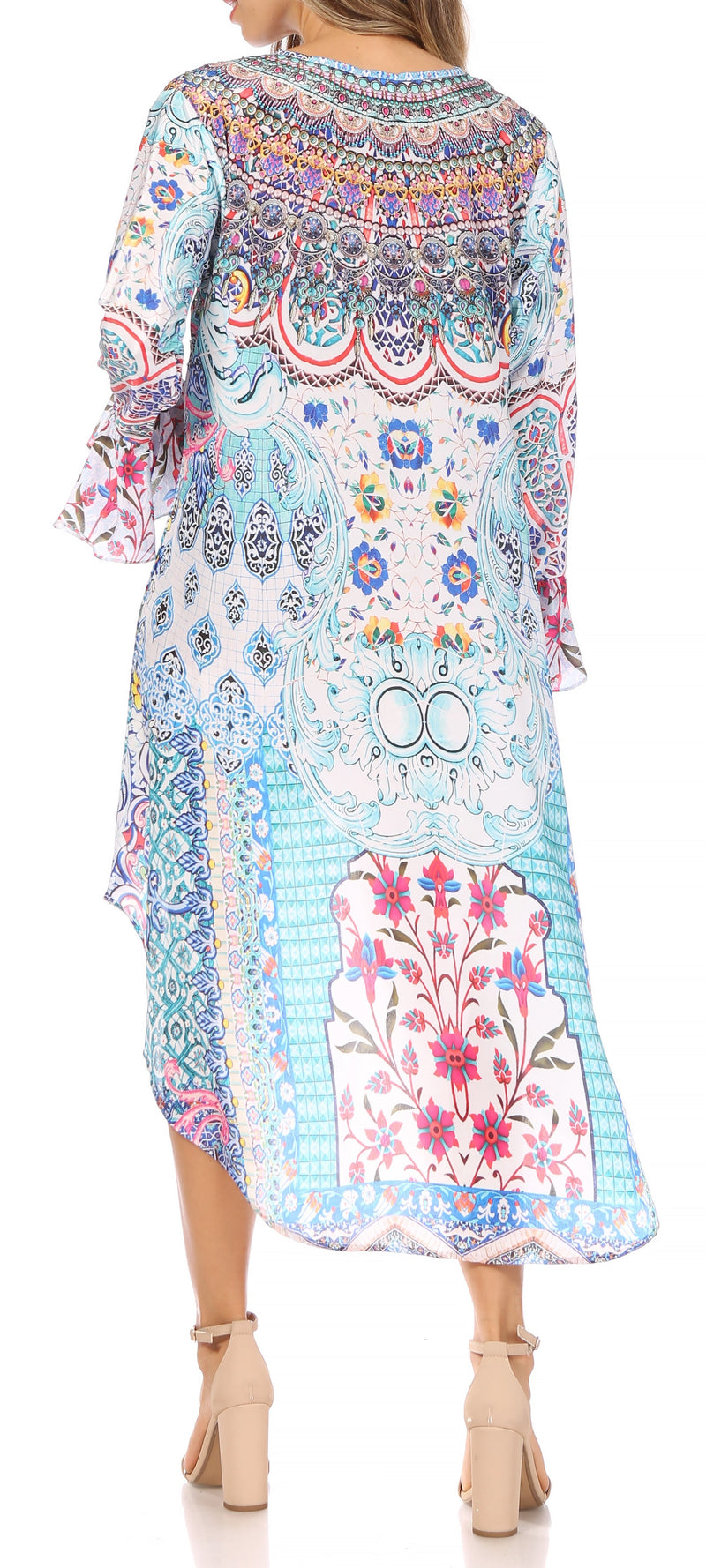 Sakkas Rema Women's Boho Shift Tunic High Low  V-neck Long Sleeve Dress with Print