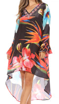 Sakkas Rema Women's Boho Shift Tunic High Low  V-neck Long Sleeve Dress with Print#color_FLBK32-Black