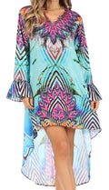 Sakkas Rema Women's Boho Shift Tunic High Low  V-neck Long Sleeve Dress with Print#color_ONT85-Turquoise