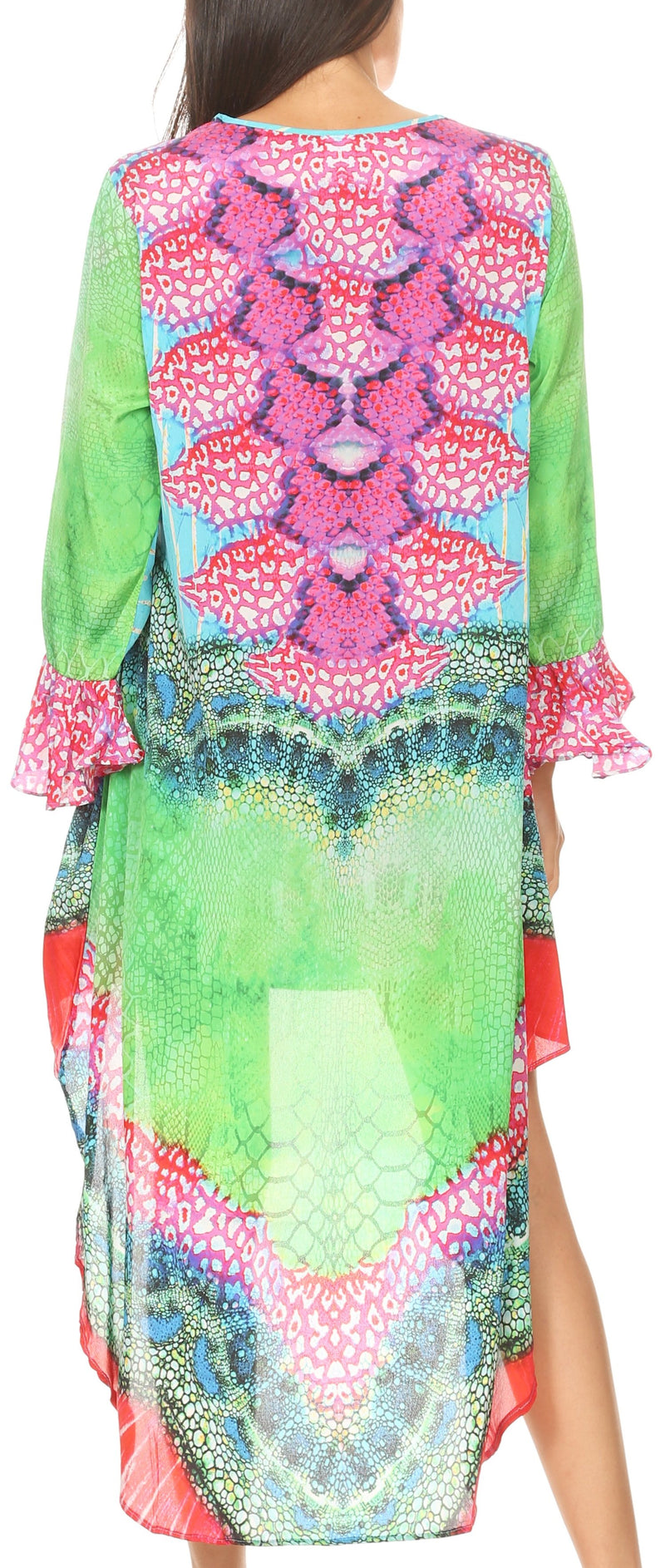 Sakkas Rema Women's Boho Shift Tunic High Low  V-neck Long Sleeve Dress with Print