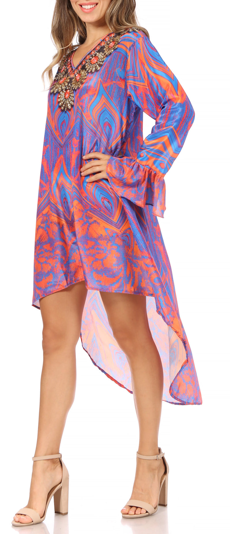 Sakkas Rema Women's Boho Shift Tunic High Low  V-neck Long Sleeve Dress with Print