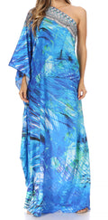 Sakkas Dora Women's One Shoulder Short Sleeve Casual Elegant Maxi Dress with Print#color_LVB235-Blue