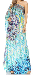 Sakkas Dora Women's One Shoulder Short Sleeve Casual Elegant Maxi Dress with Print#color_TRG225-Green