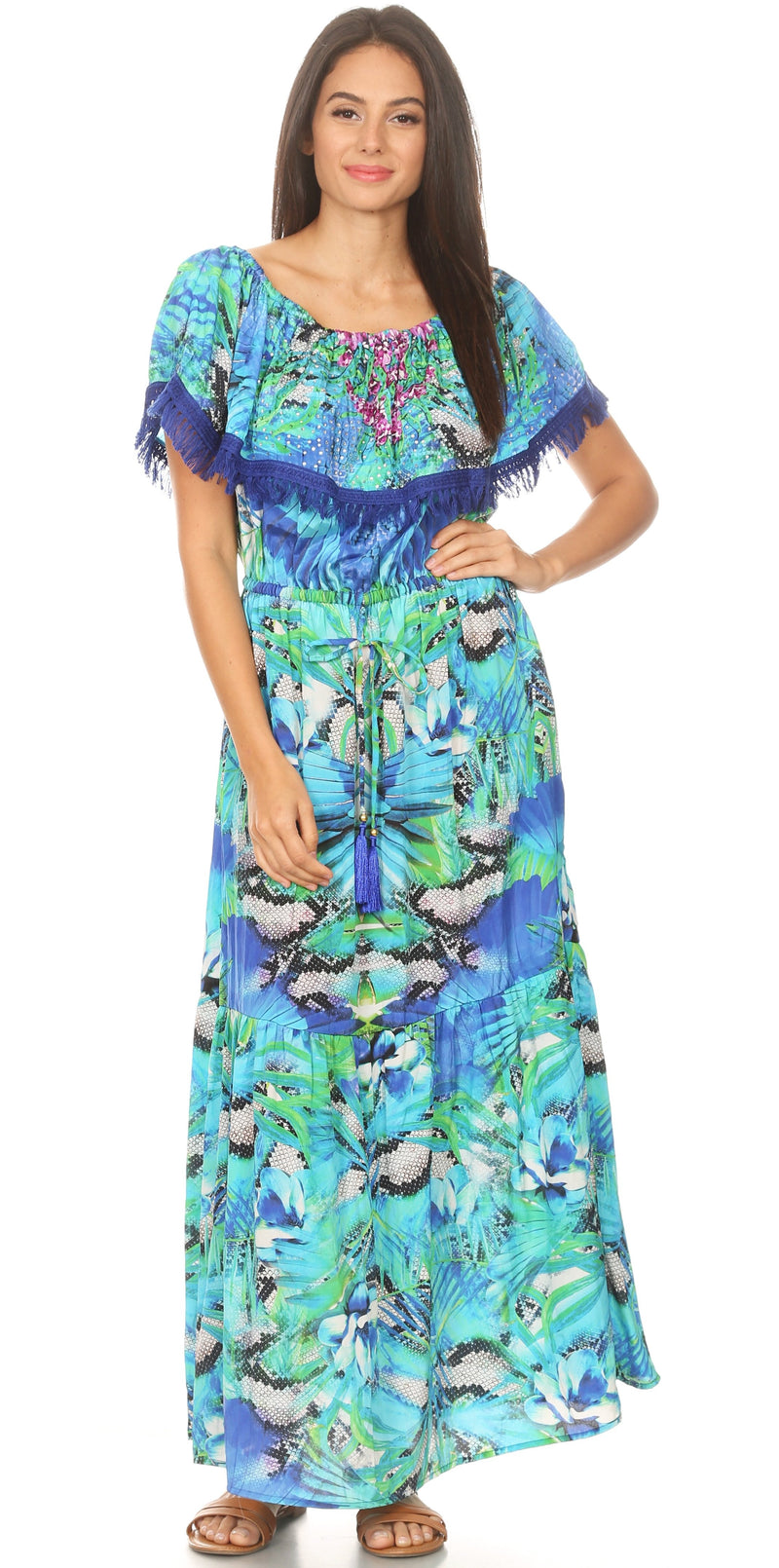 Sakkas Tara Women's Long Maxi Boho Off Shoulder Summer Casual Dress Floral Print