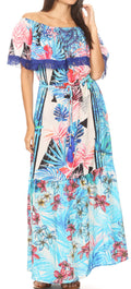 Sakkas Tara Women's Long Maxi Boho Off Shoulder Summer Casual Dress Floral Print#color_TLB256-Blue 