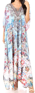 Sakkas Yeni Women's Short Sleeve V-neck Summer Floral Long Caftan Dress Cover-up#color_415