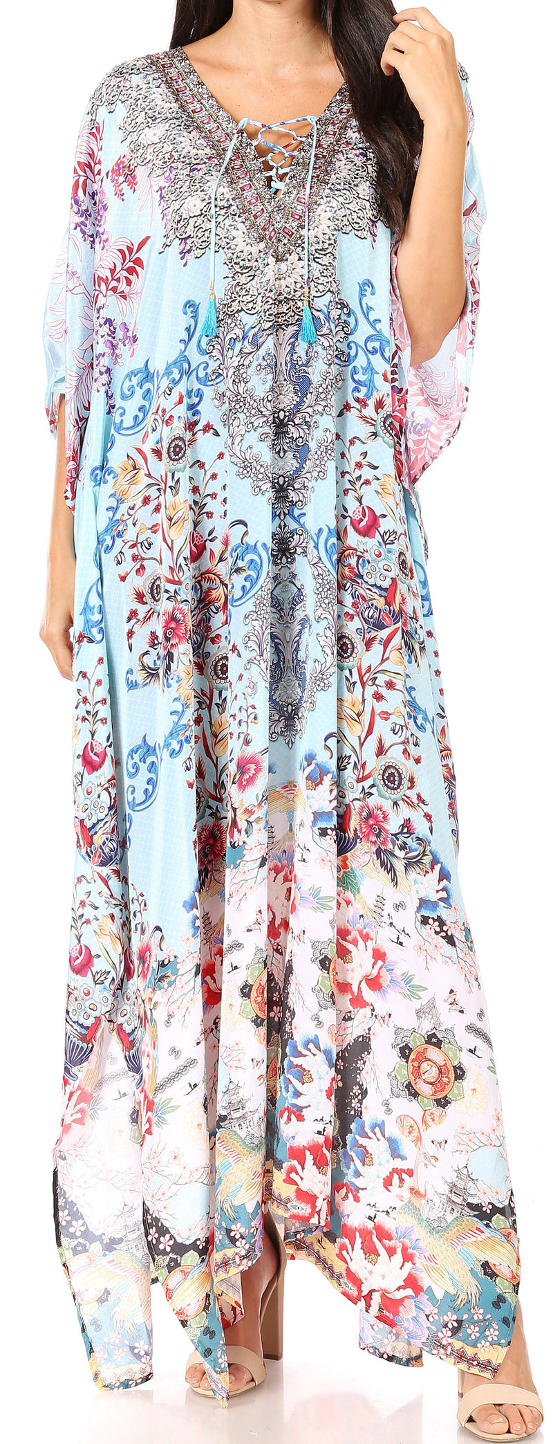 Sakkas Yeni Women's Short Sleeve V-neck Summer Floral Long Caftan Dress Cover-up