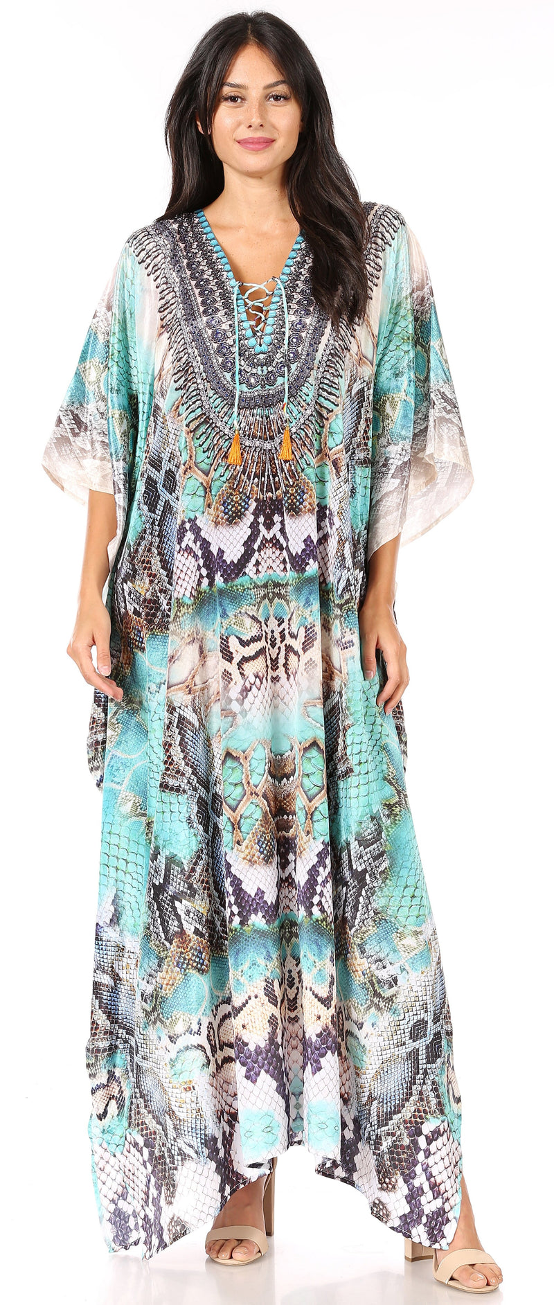 Sakkas Yeni Women's Short Sleeve V-neck Summer Floral Long Caftan Dress Cover-up