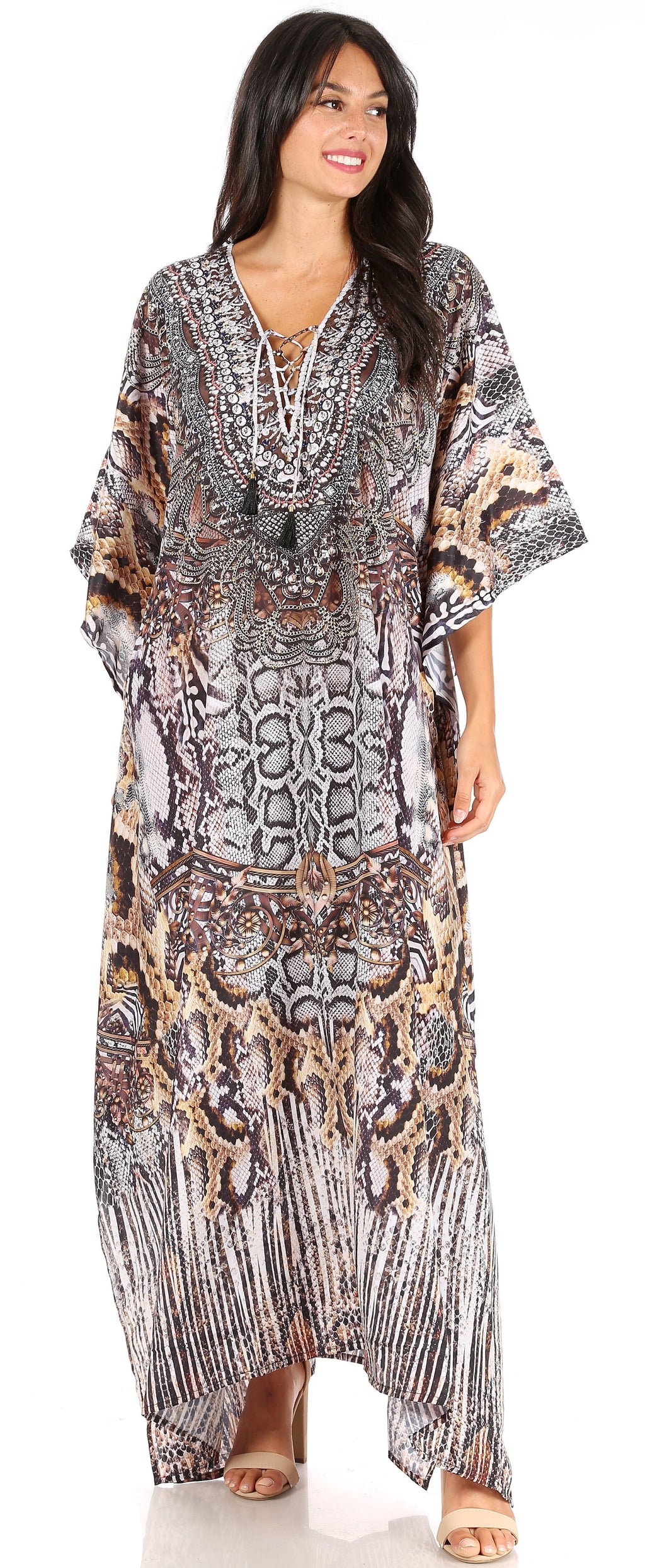 Sakkas Yeni Women's Short Sleeve V-neck Summer Floral Long Caftan Dres