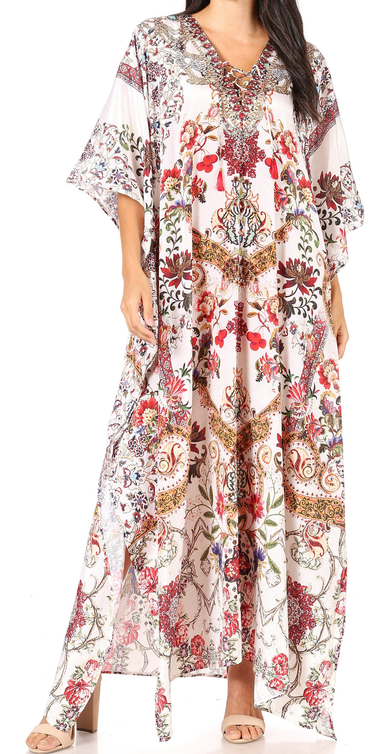 Sakkas Yeni Women's Short Sleeve V-neck Summer Floral Long Caftan Dress Cover-up