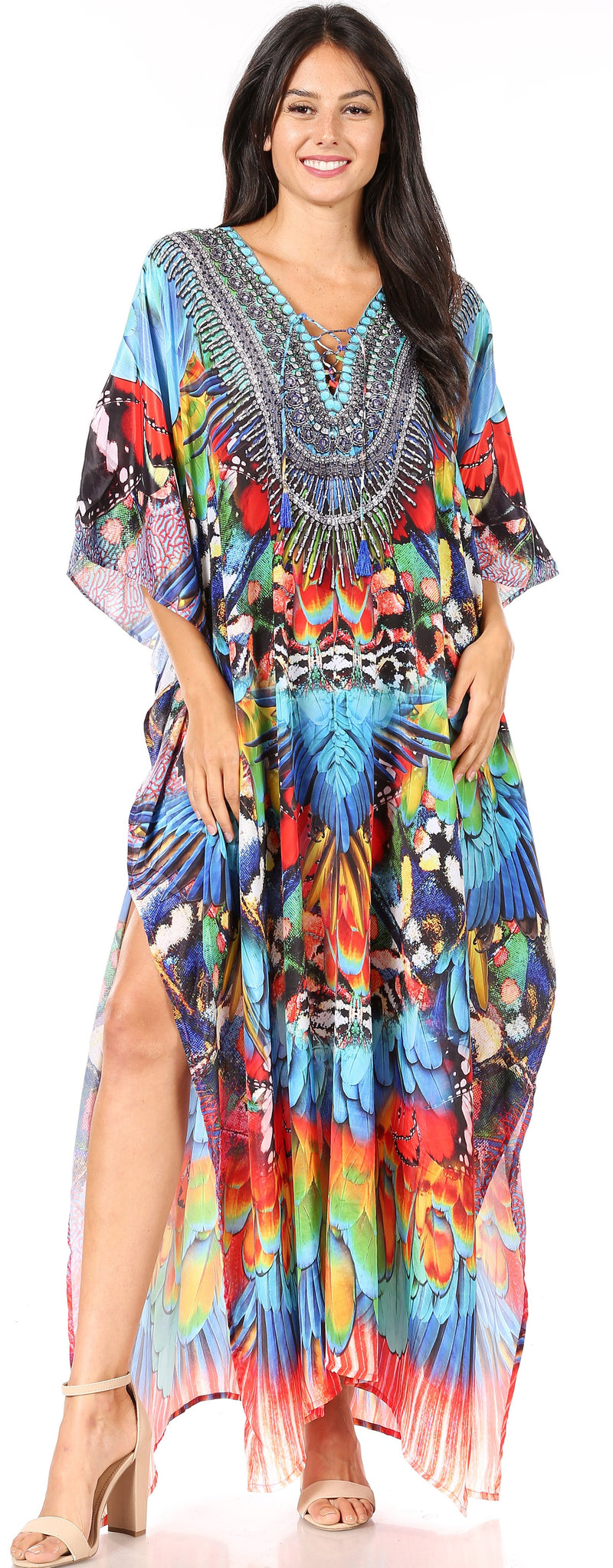 Sakkas Yeni Women's Short Sleeve V-neck Summer Floral Long Caftan Dress Cover-up