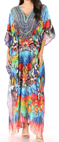 Sakkas Yeni Women's Short Sleeve V-neck Summer Floral Long Caftan Dress Cover-up#color_441