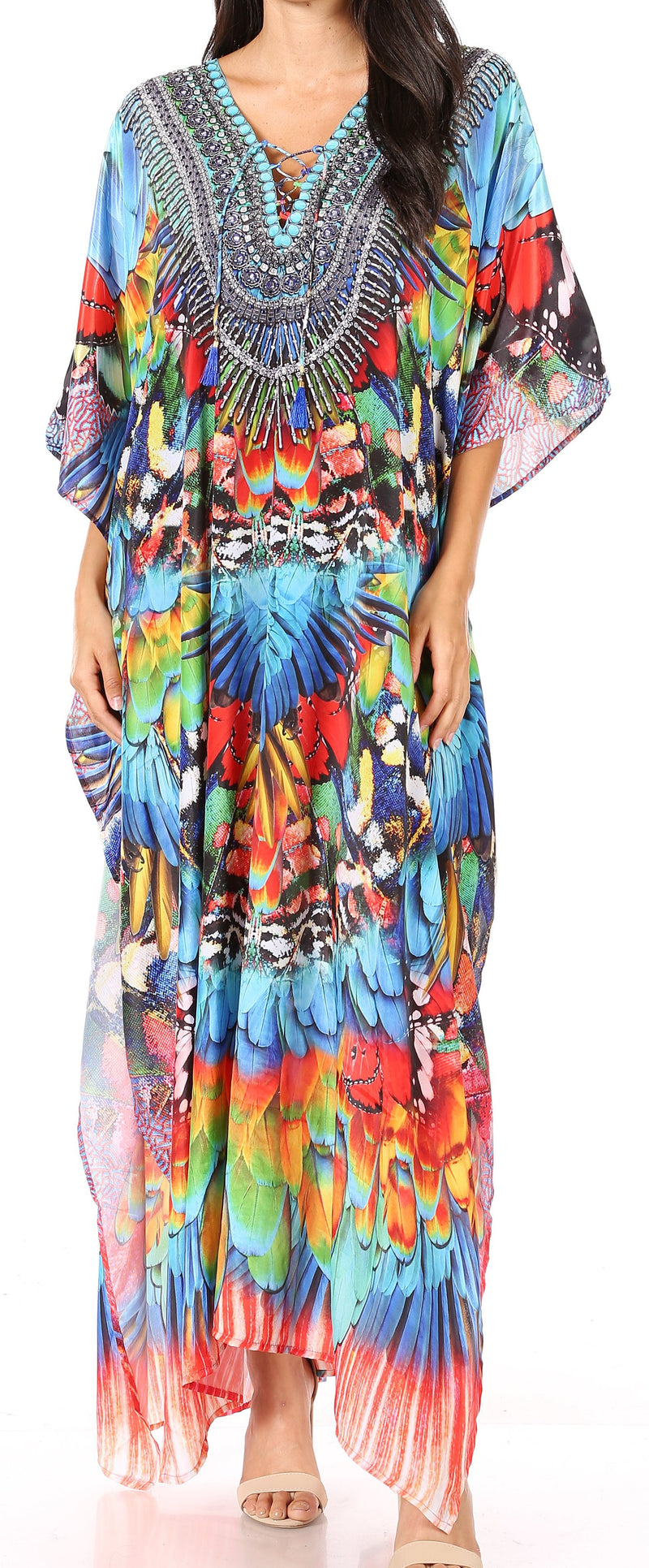 Sakkas Yeni Women's Short Sleeve V-neck Summer Floral Long Caftan Dress Cover-up