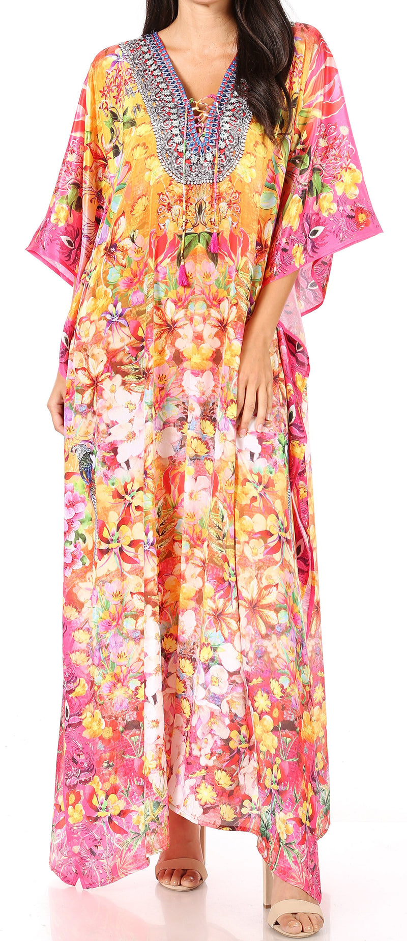 Sakkas Yeni Women's Short Sleeve V-neck Summer Floral Long Caftan Dress Cover-up