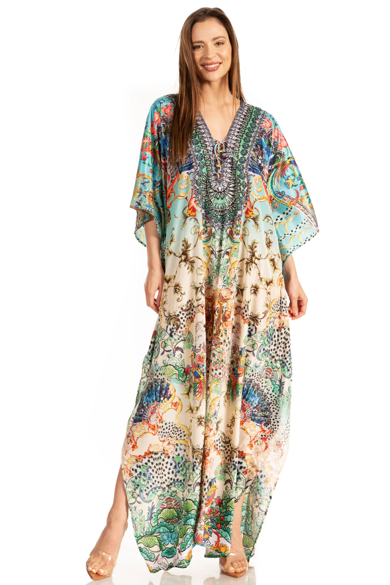 Sakkas Yeni Women's Short Sleeve V-neck Summer Floral Long Caftan Dress Cover-up