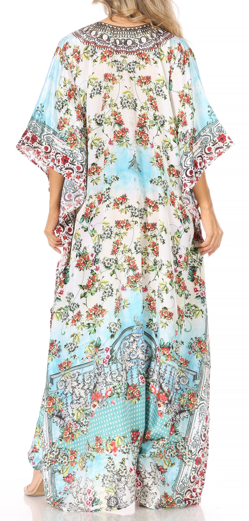 Sakkas Yeni Women's Short Sleeve V-neck Summer Floral Long Caftan Dress Cover-up