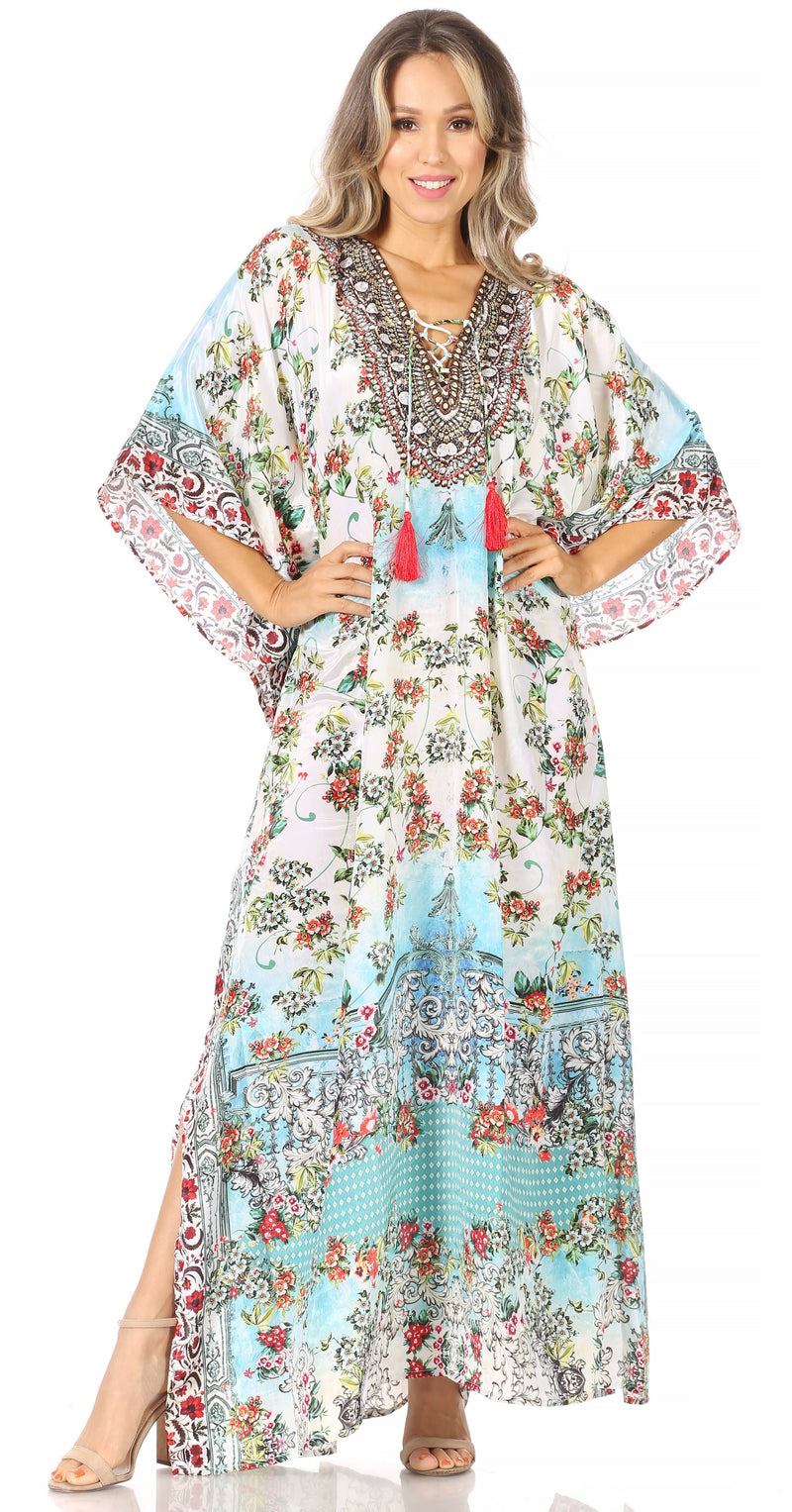 Sakkas Yeni Women's Short Sleeve V-neck Summer Floral Long Caftan Dress Cover-up