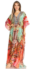 Sakkas Yeni Women's Short Sleeve V-neck Summer Floral Long Caftan Dress Cover-up#color_476
