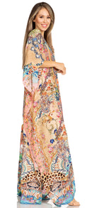 Sakkas Yeni Women's Short Sleeve V-neck Summer Floral Long Caftan Dress Cover-up
