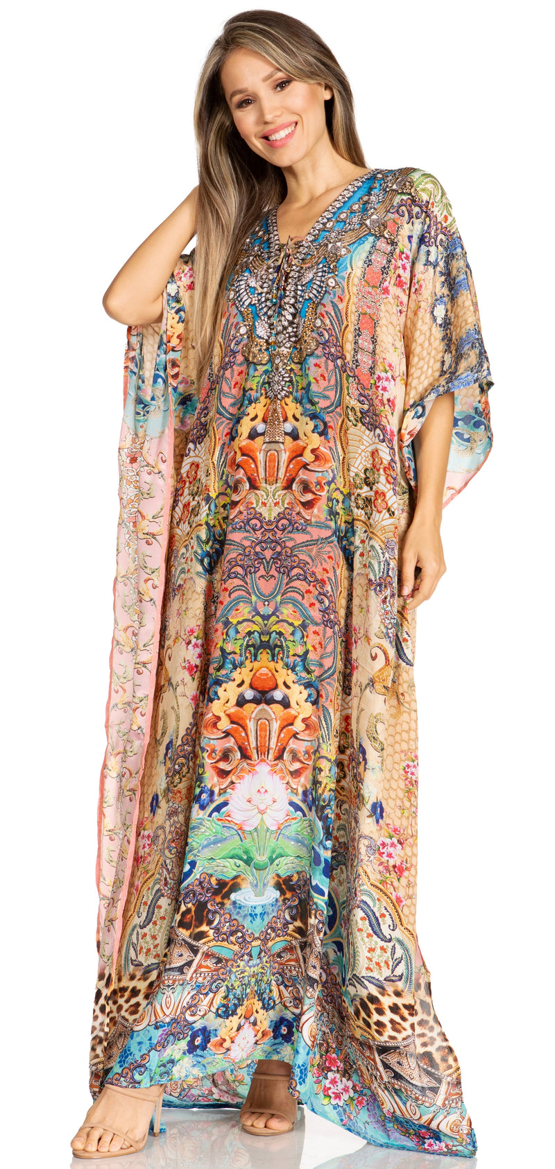 Sakkas Yeni Women's Short Sleeve V-neck Summer Floral Long Caftan Dress Cover-up