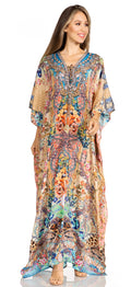 Sakkas Yeni Women's Short Sleeve V-neck Summer Floral Long Caftan Dress Cover-up#color_478