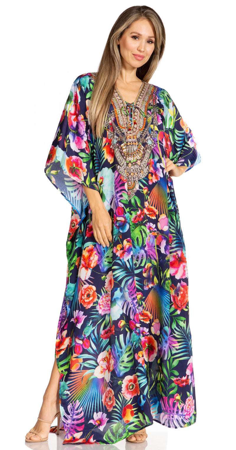 Sakkas Yeni Women's Short Sleeve V-neck Summer Floral Long Caftan Dress Cover-up