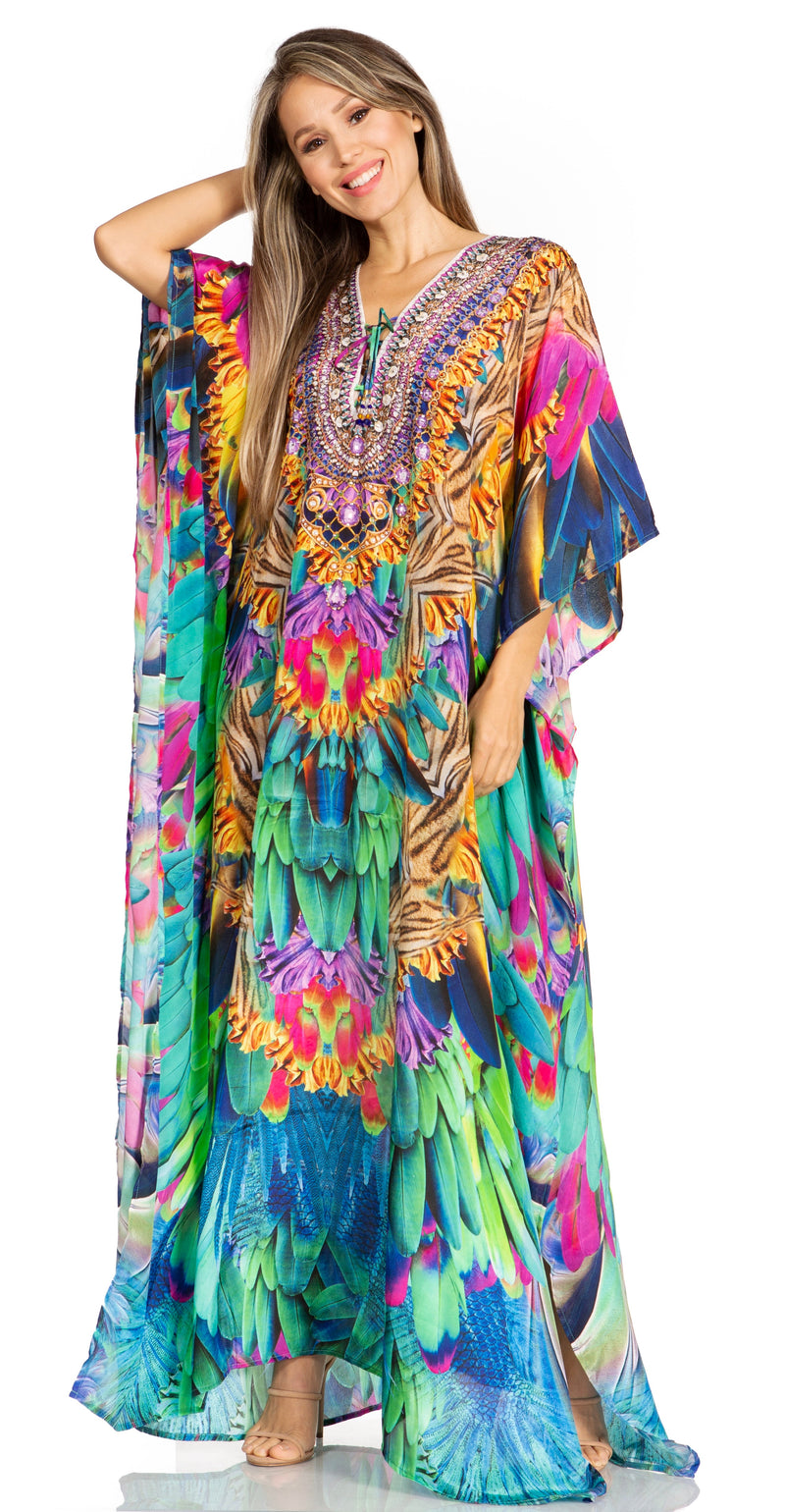 Sakkas Yeni Women's Short Sleeve V-neck Summer Floral Long Caftan Dress Cover-up