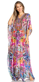 Sakkas Yeni Women's Short Sleeve V-neck Summer Floral Long Caftan Dress Cover-up