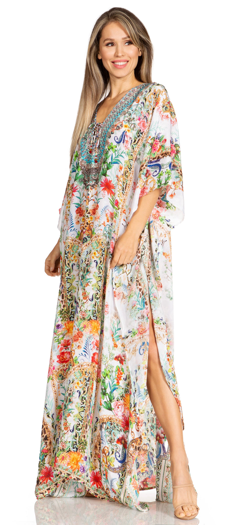 Sakkas Yeni Women's Short Sleeve V-neck Summer Floral Long Caftan Dress Cover-up