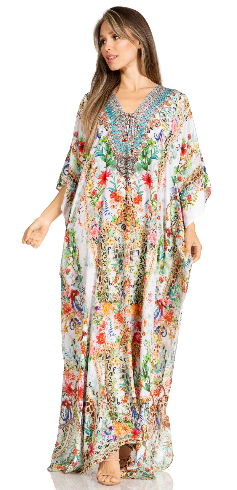 Sakkas Yeni Women's Short Sleeve V-neck Summer Floral Long Caftan Dress Cover-up