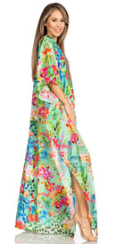 Sakkas Yeni Women's Short Sleeve V-neck Summer Floral Long Caftan Dress Cover-up
