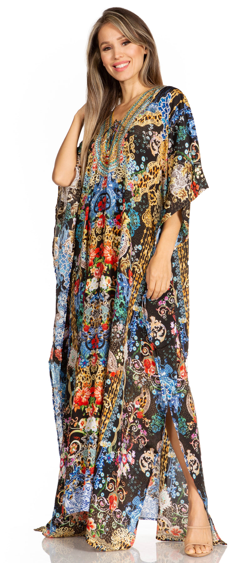 Sakkas Yeni Women's Short Sleeve V-neck Summer Floral Long Caftan Dress Cover-up