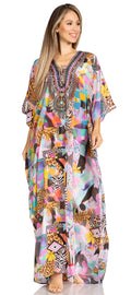 Sakkas Yeni Women's Short Sleeve V-neck Summer Floral Long Caftan Dress Cover-up#color_547