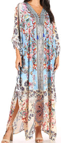 Sakkas Yeni Women's Short Sleeve V-neck Summer Floral Long Caftan Dress Cover-up#color_FLM391-Multi