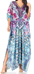 Sakkas Yeni Women's Short Sleeve V-neck Summer Floral Long Caftan Dress Cover-up#color_MM387-Multi